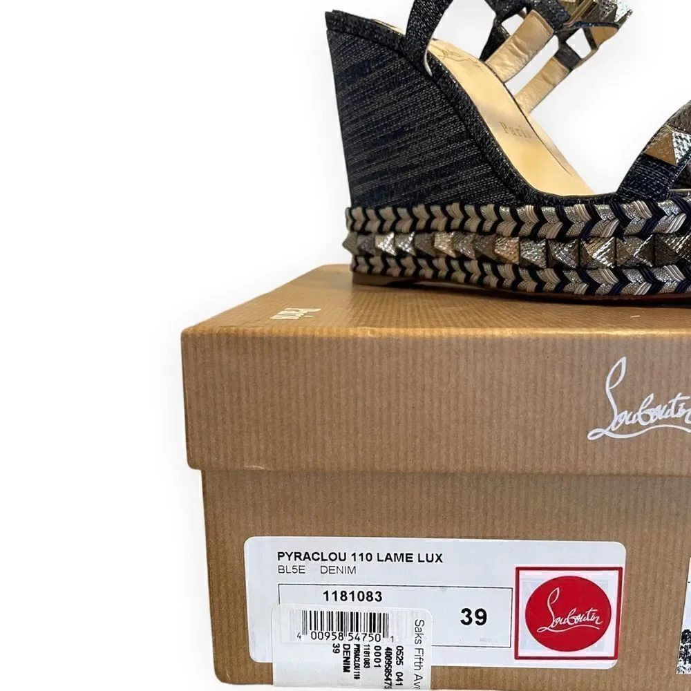 CHRISTIAN LOUBOUTIN Denim Lame Lux Pyraclou 110 Wedge Sandals |Size: 39|